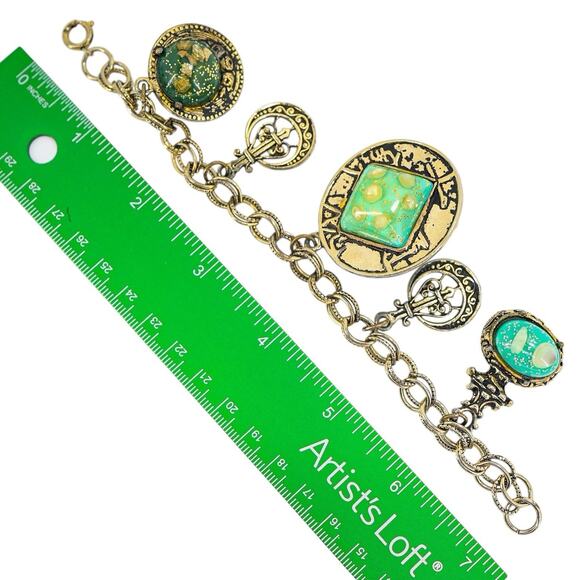 Bold Vintage Charm Bracelet Large Confetti-Style Lucite Resin Green Cabochons - Picture 9 of 9